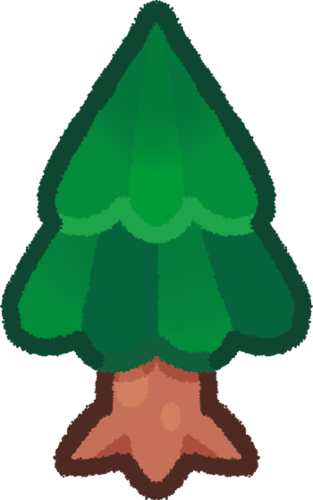 a tree with a its dark green leaves going in a pointed direction and a red-brown trunk, the leaves have alternating shades of green